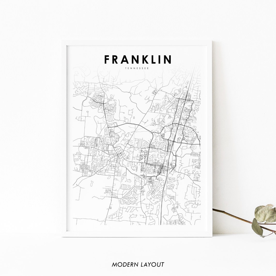 Franklin Tennessee Modern Black and White Street Map Art Poster