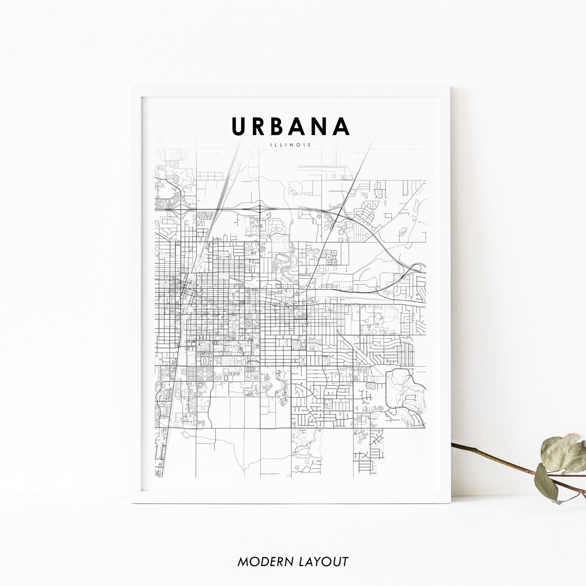 Urbana IL Map Print, Illinois City Street Poster