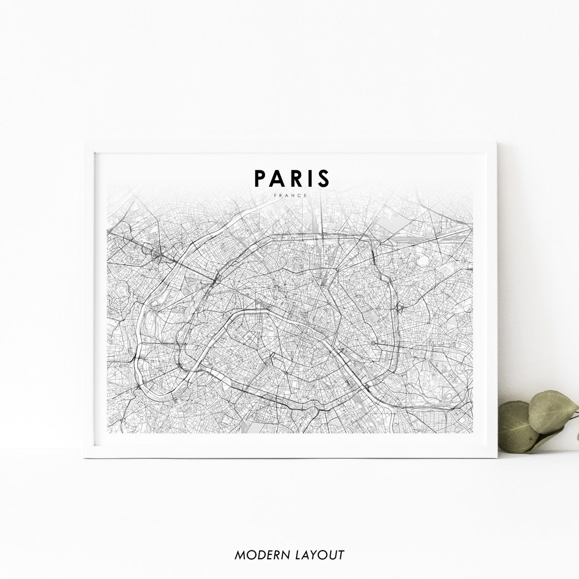 Paris France Modern Black and White Minimalist City Map Poster