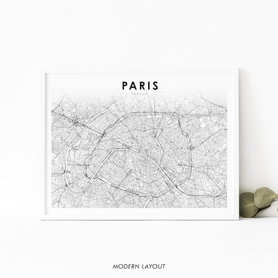 Paris France Modern Black and White Minimalist City Map Poster