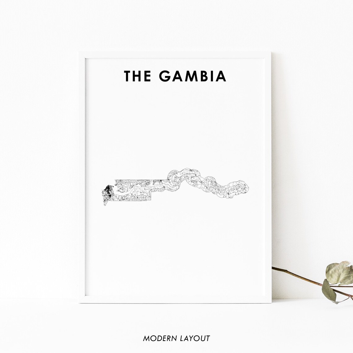 The Gambia Minimalist Black And White Country Road Map Modern Art Poster