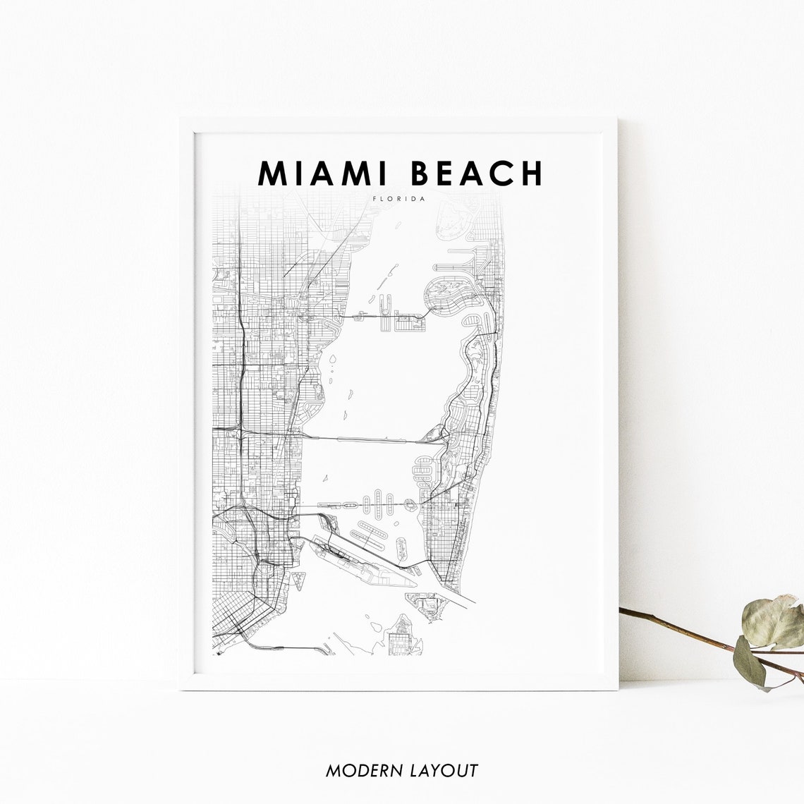 Miami Beach Florida Black Minimalist City Street Map Art Print