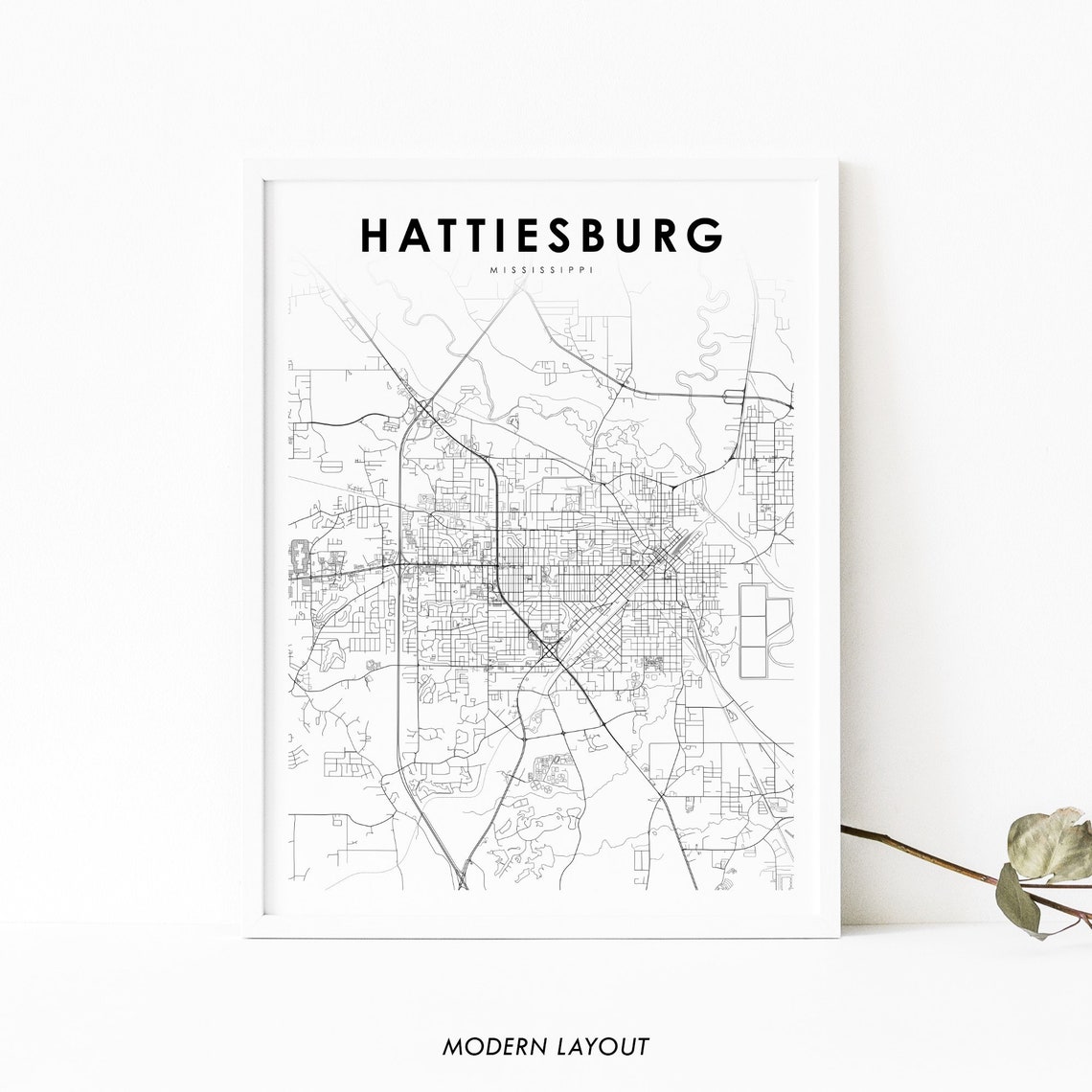 Hattiesburg Mississippi Modern Minimalist Street Map Art City Poster