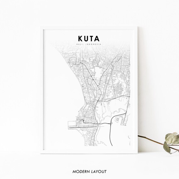 Kuta Bali Indonesia Minimalist Beach Town Map Monochrome Wall Art