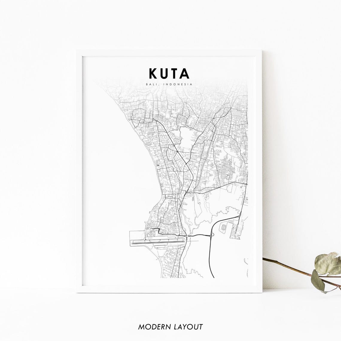 Kuta Bali Indonesia Minimalist Beach Town Map Monochrome Wall Art