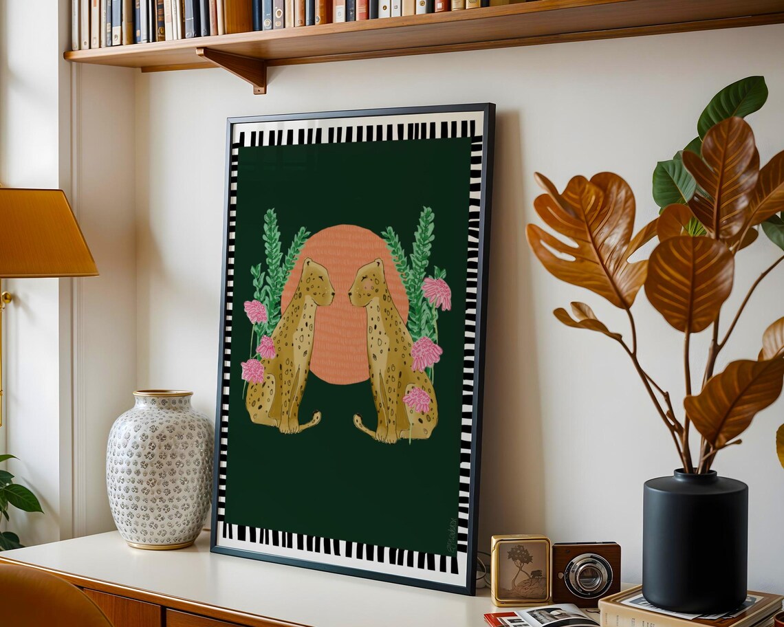 Twin Cheetahs With Pink Flowers Dark Green Nursery Decor Poster - Image 3