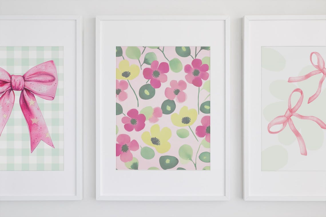 Pink Starry Bow on Green Gingham Preppy Coquette Dorm Wall Art - Image 2