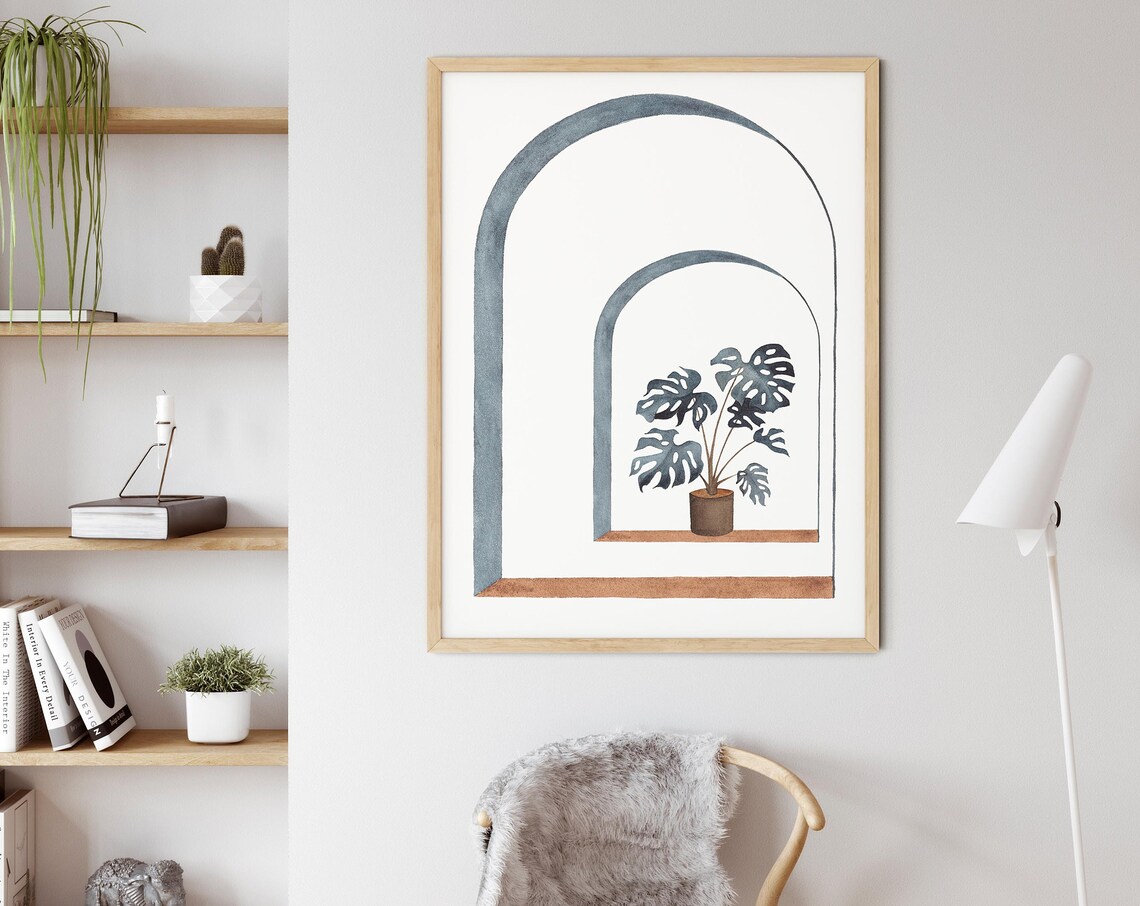 Abstract Boho Arch Print Minimalist Artwork Monstera Plant Poster Mid Century Arch Art Navy Blue Wall Art - Image 3