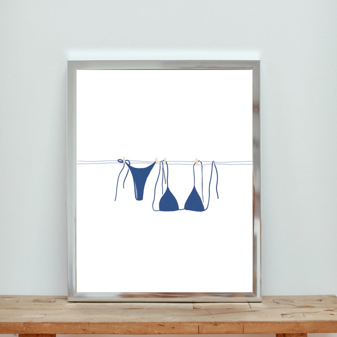 Navy Bikini Clothesline Beach Illustration Minimal Summer Poster