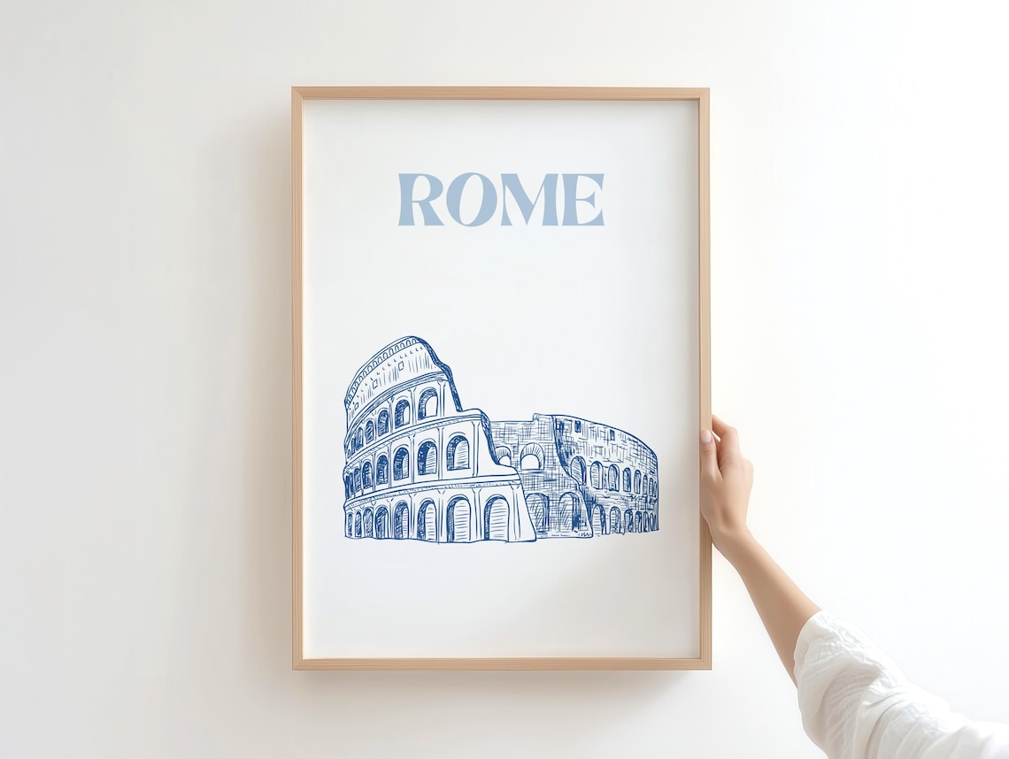 Colosseum Rome Minimalist Blue Line Art Travel Poster