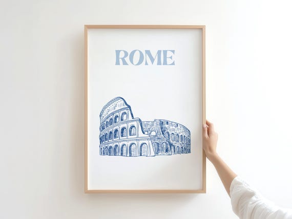Colosseum Rome Minimalist Blue Line Art Travel Poster