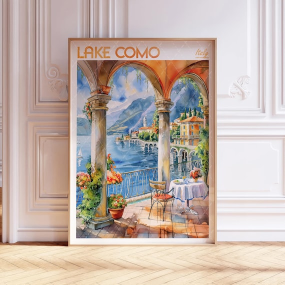 Vintage Lake Como Italy Terrace Arches Watercolor Travel Poster