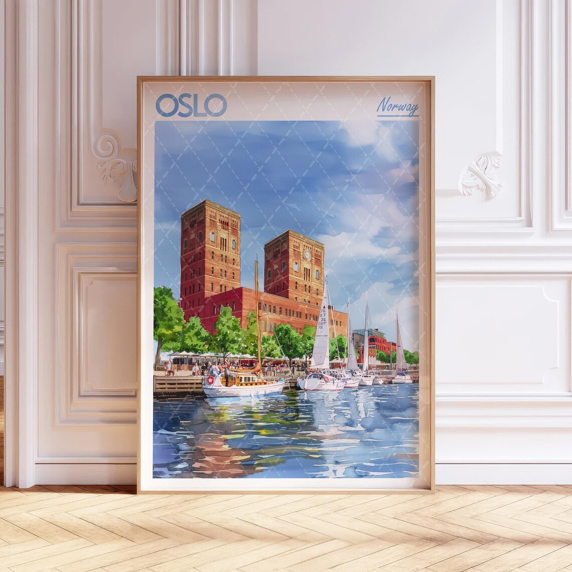 Oslo Norway City Hall Harbor Sailboats Watercolor Travel Poster