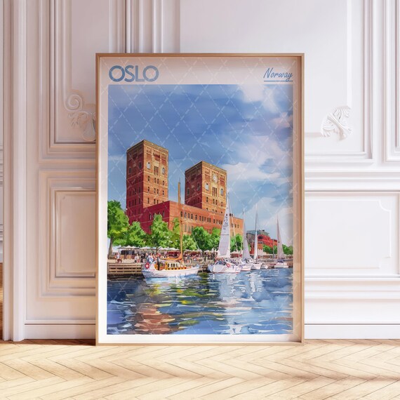 Oslo Norway City Hall Harbor Sailboats Watercolor Travel Poster
