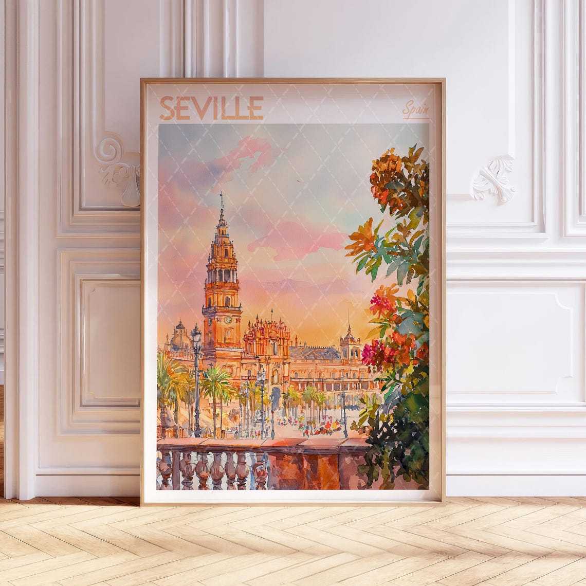 Seville Spain Watercolor Plaza De Espana Tower Sunset Poster