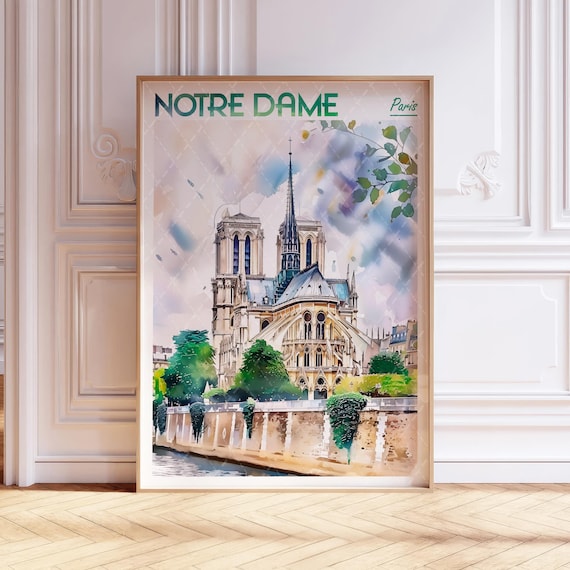 Notre Dame Cathedral Paris France Watercolor Landmark Poster