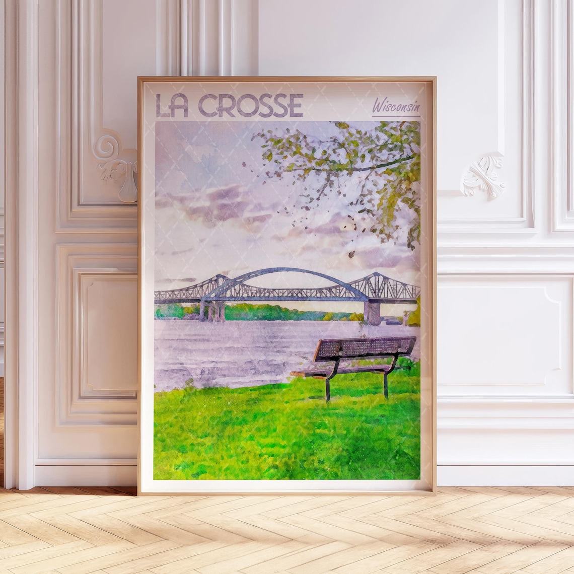 La Crosse Wisconsin River Bridge Park Bench Watercolor Travel Poster