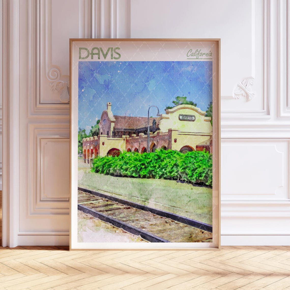 Davis California Historic Train Depot Watercolor Travel Poster