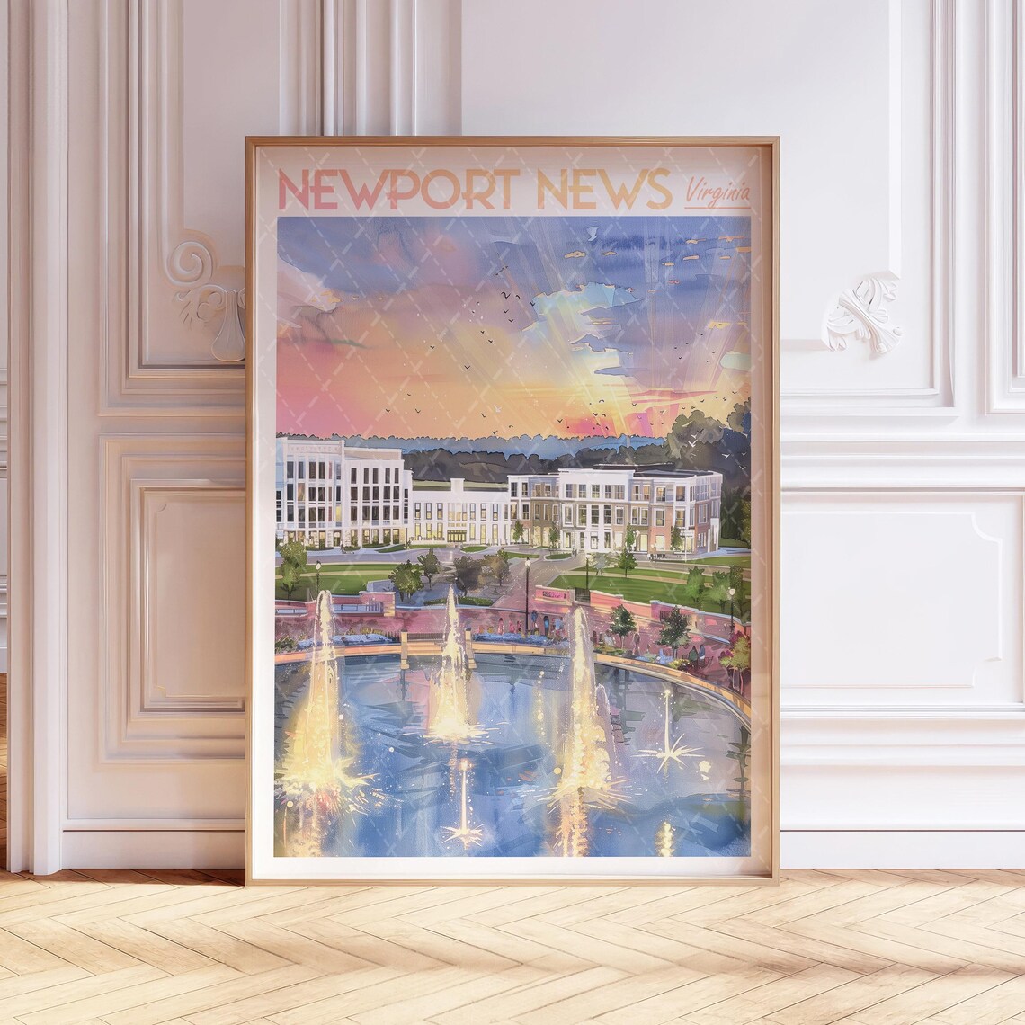 Newport News Virginia Fountain Sunset Watercolor Travel Poster