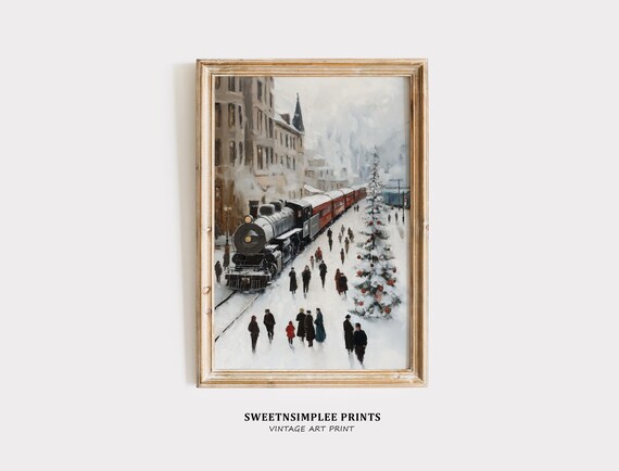 Vintage Snowy Train Station Poster Steam Locomotive Christmas Scene