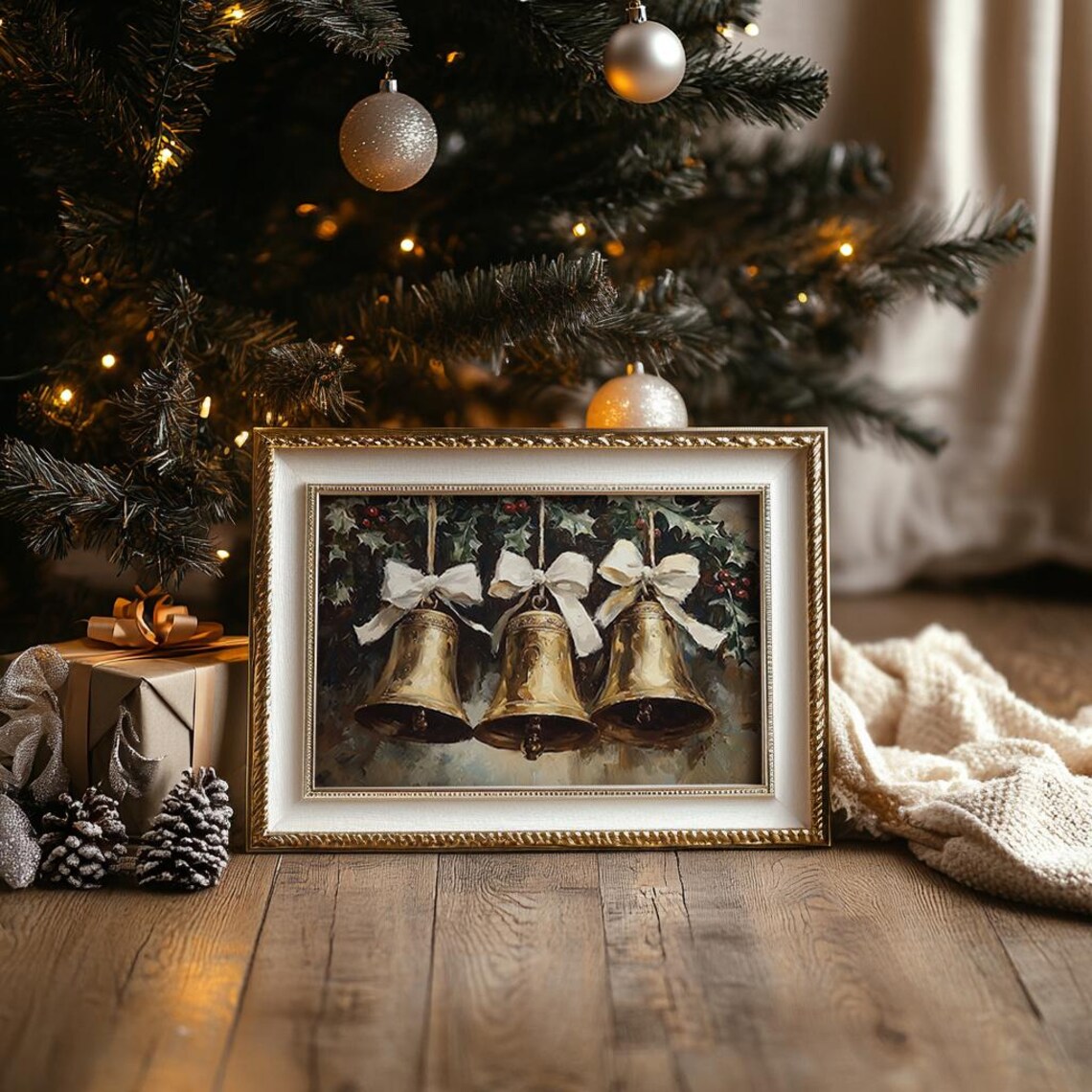 Vintage Three Brass Bells With White Bows Christmas Holiday Poster - Image 3