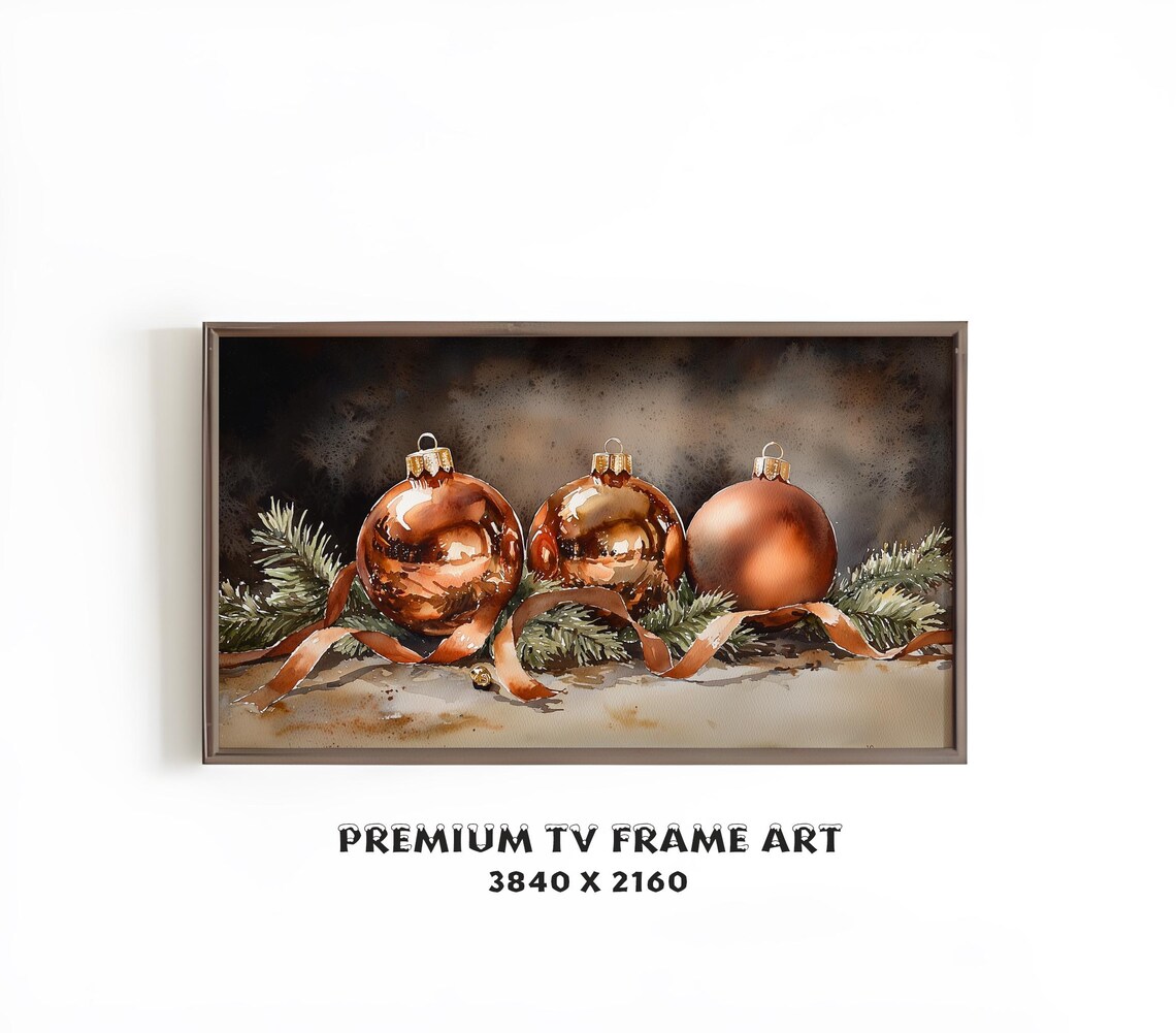 Copper Christmas Baubles Pine Branches Ribbon Vintage Holiday Wall Art