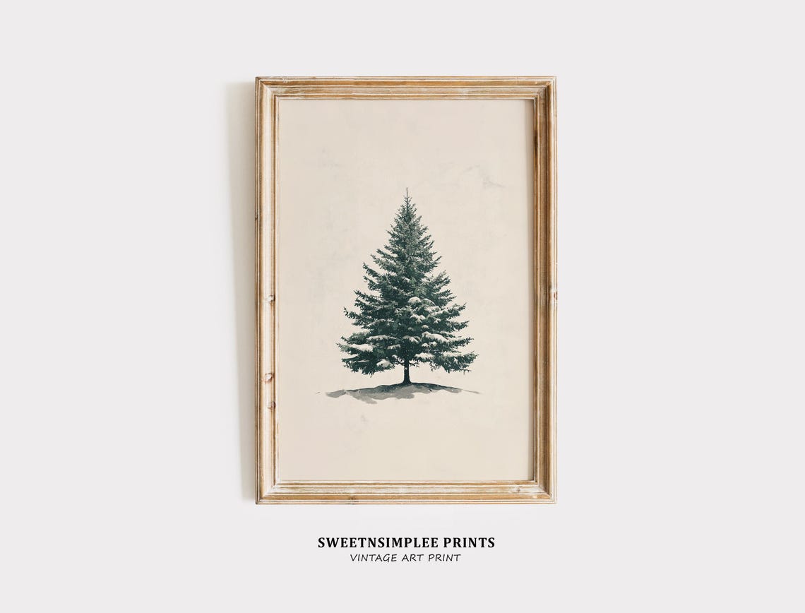Snowy Evergreen Tree Poster Vintage Botanical Beige Winter Decor