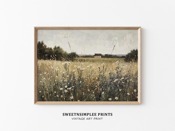 Wildflower Field Landscape Distant Farmhouse Autumn Meadow Scene Wall Art