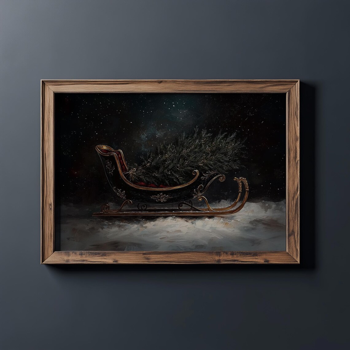 Moody Vintage Santa Sleigh Filled With Evergreens Christmas Poster - Image 2