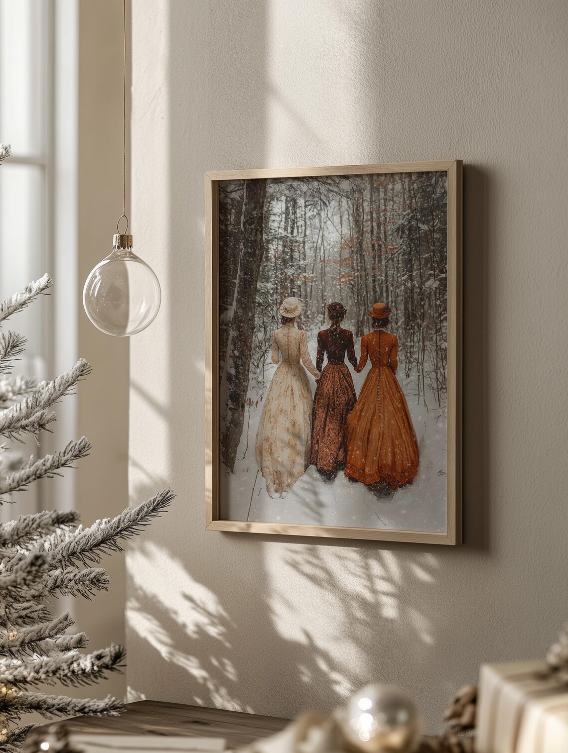 Victorian Women Walking in Snowy Forest Little Women Style Poster - Image 3