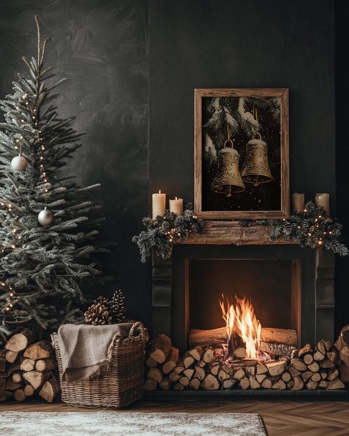 Two Golden Bells On Snowy Pine Branches Dark Christmas Poster - Image 3