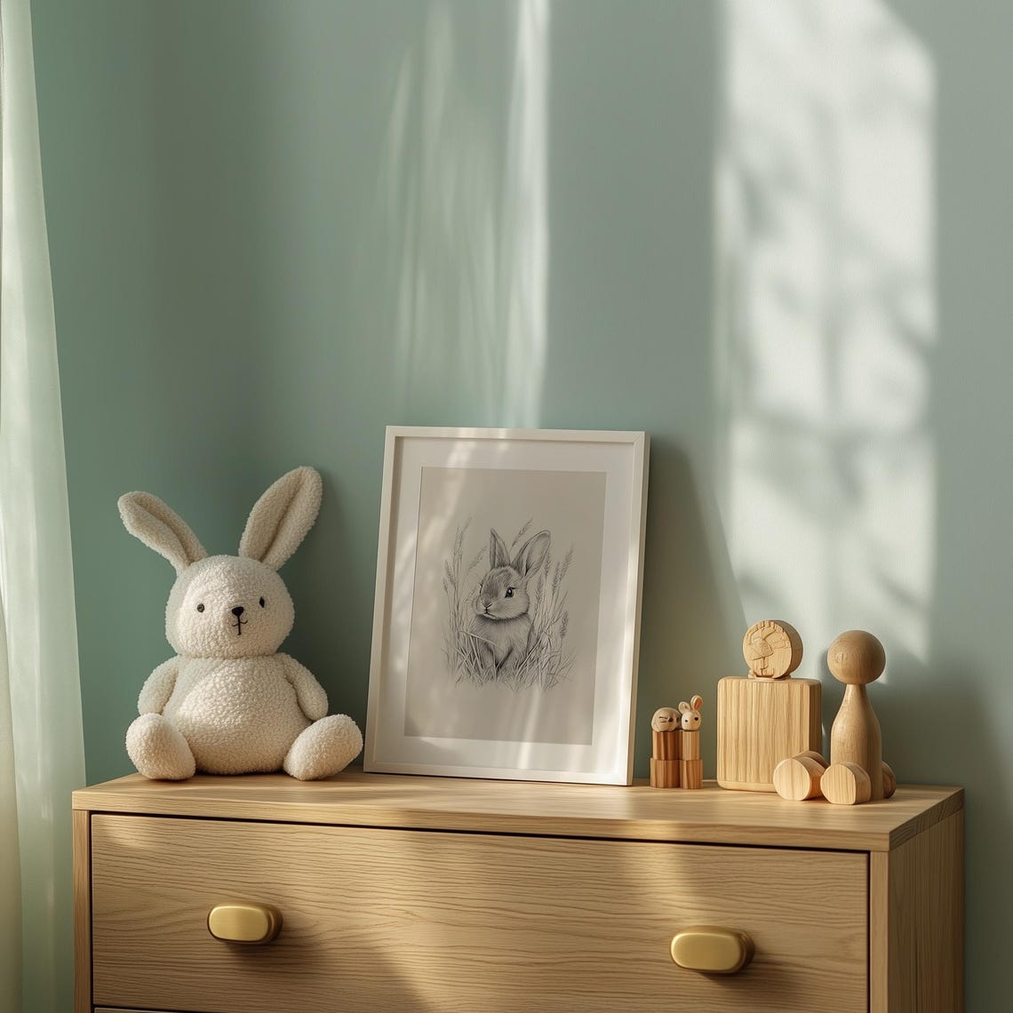 Vintage Easter Bunny Sketch Gray Pencil Rabbit Meadow Grass Wall Art - Image 3
