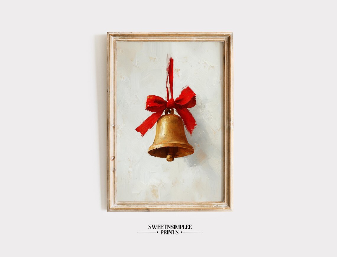 Golden Bell Red Ribbon Poster Vintage Christmas Oil Painting Decor - Image 2