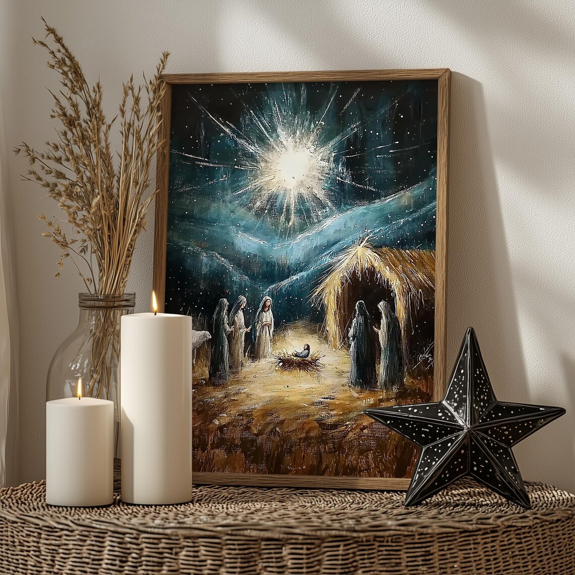 Starry Night Nativity Scene Oil Painting Christian Christmas Poster - Image 3