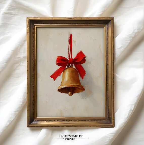 Golden Bell Red Ribbon Poster Vintage Christmas Oil Painting Decor