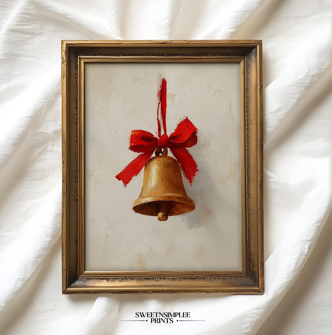 Golden Bell Red Ribbon Poster Vintage Christmas Oil Painting Decor