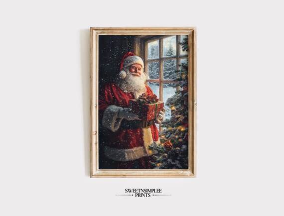 Vintage Santa Claus Holding Gift by Snowy Window Christmas Poster