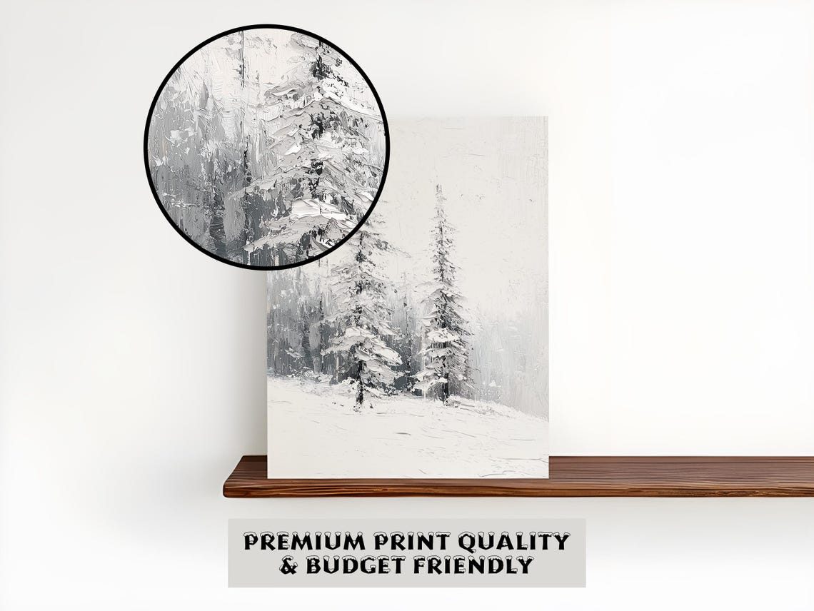 Monochrome Snowy Pines Poster Minimal White Winter Landscape Artwork - Image 2