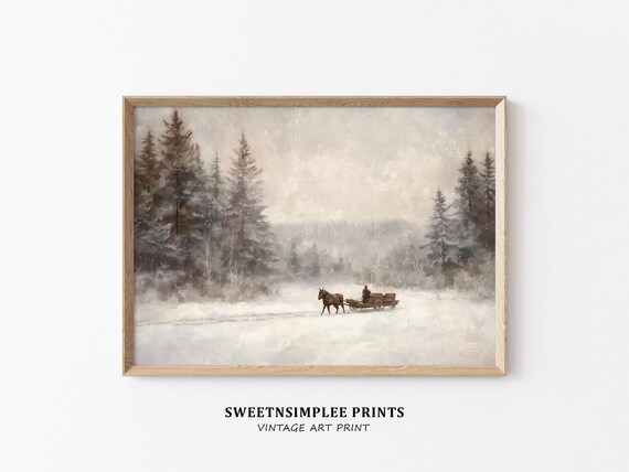 Snowy Winter Landscape Horse Drawn Sleigh Pine Forest Neutral Wall Art