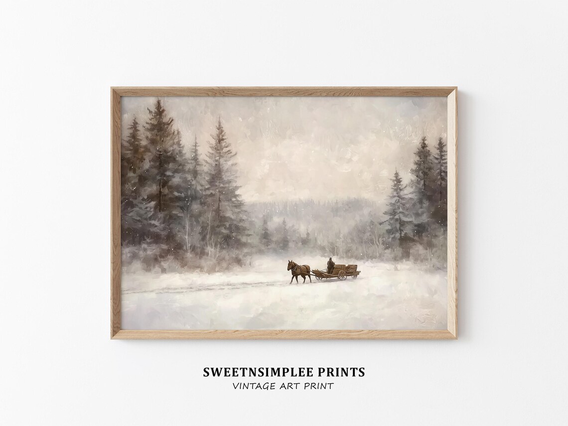 Snowy Winter Landscape Horse Drawn Sleigh Pine Forest Neutral Wall Art