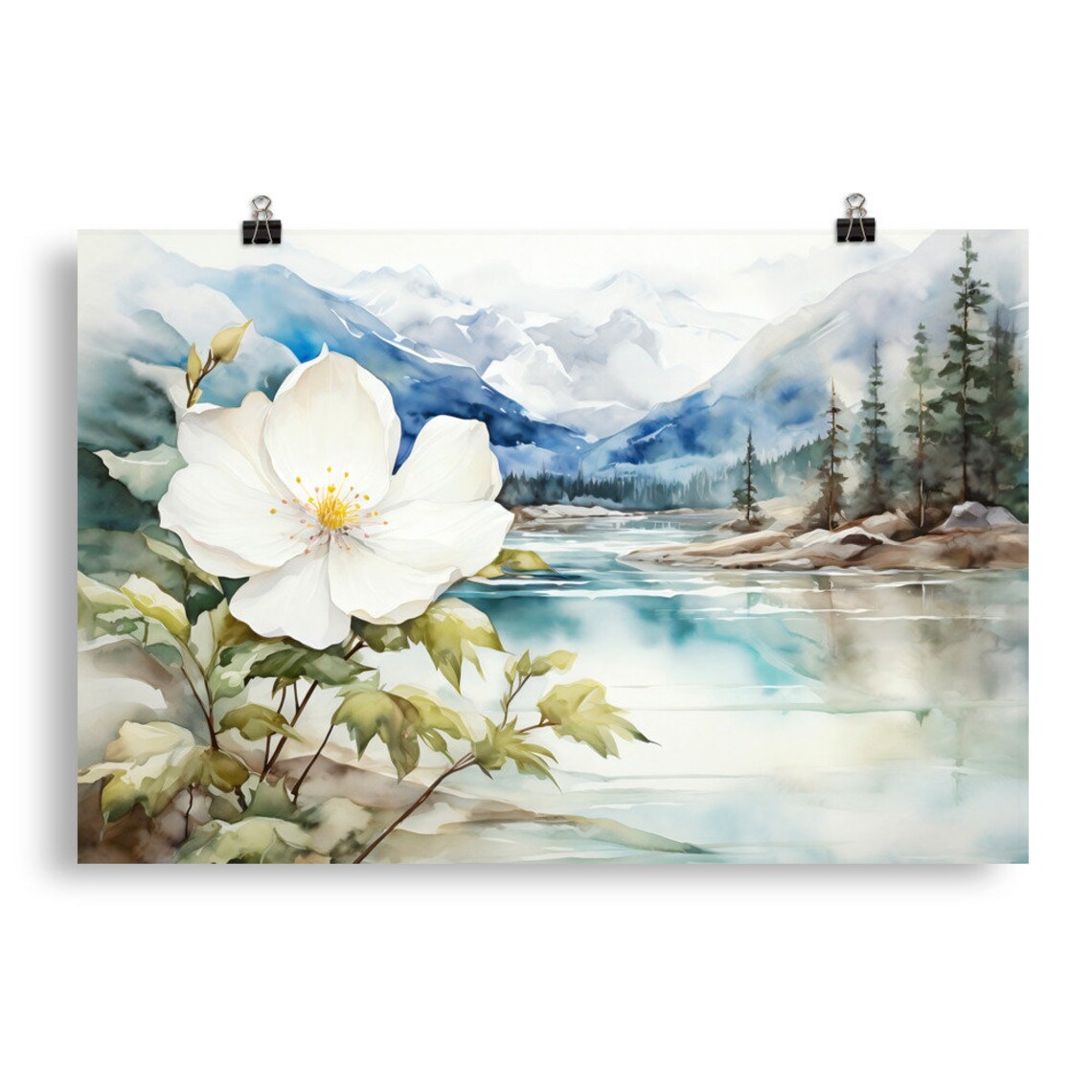 Mountain Lake Watercolor Landscape Art Print, Neutral - Image 5