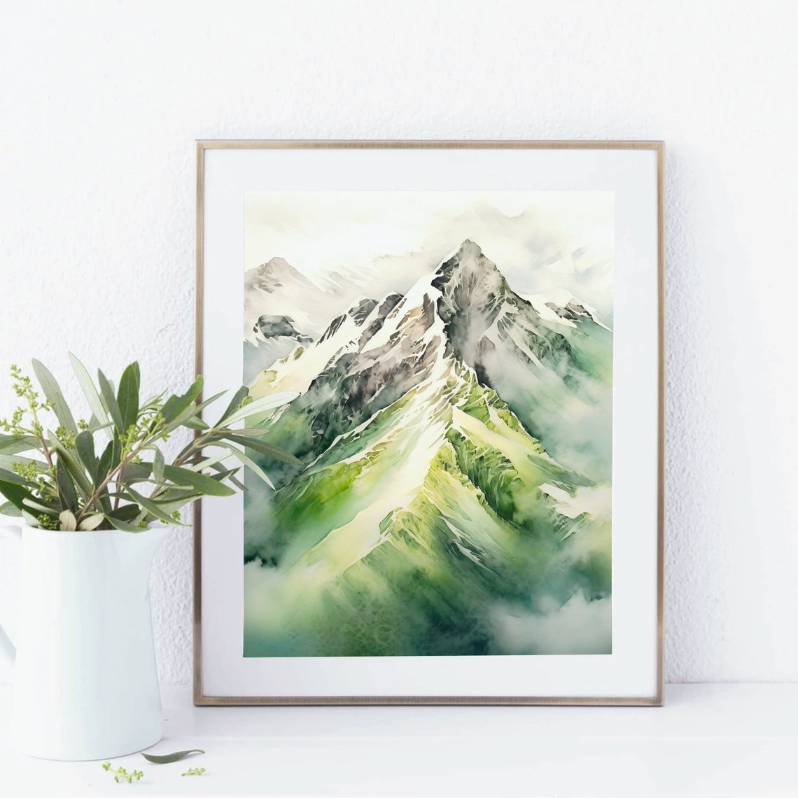 Emerald Mountain Peak Rising Through Soft Mist Watercolor Poster - Image 5