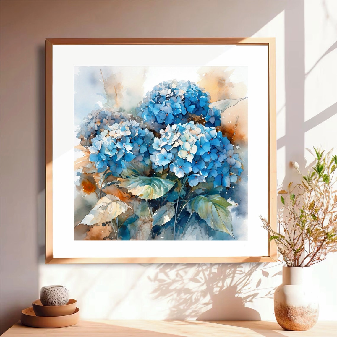 Vivid Blue Hydrangea Blossoms Cluster Soft Watercolor Floral Poster - Image 2