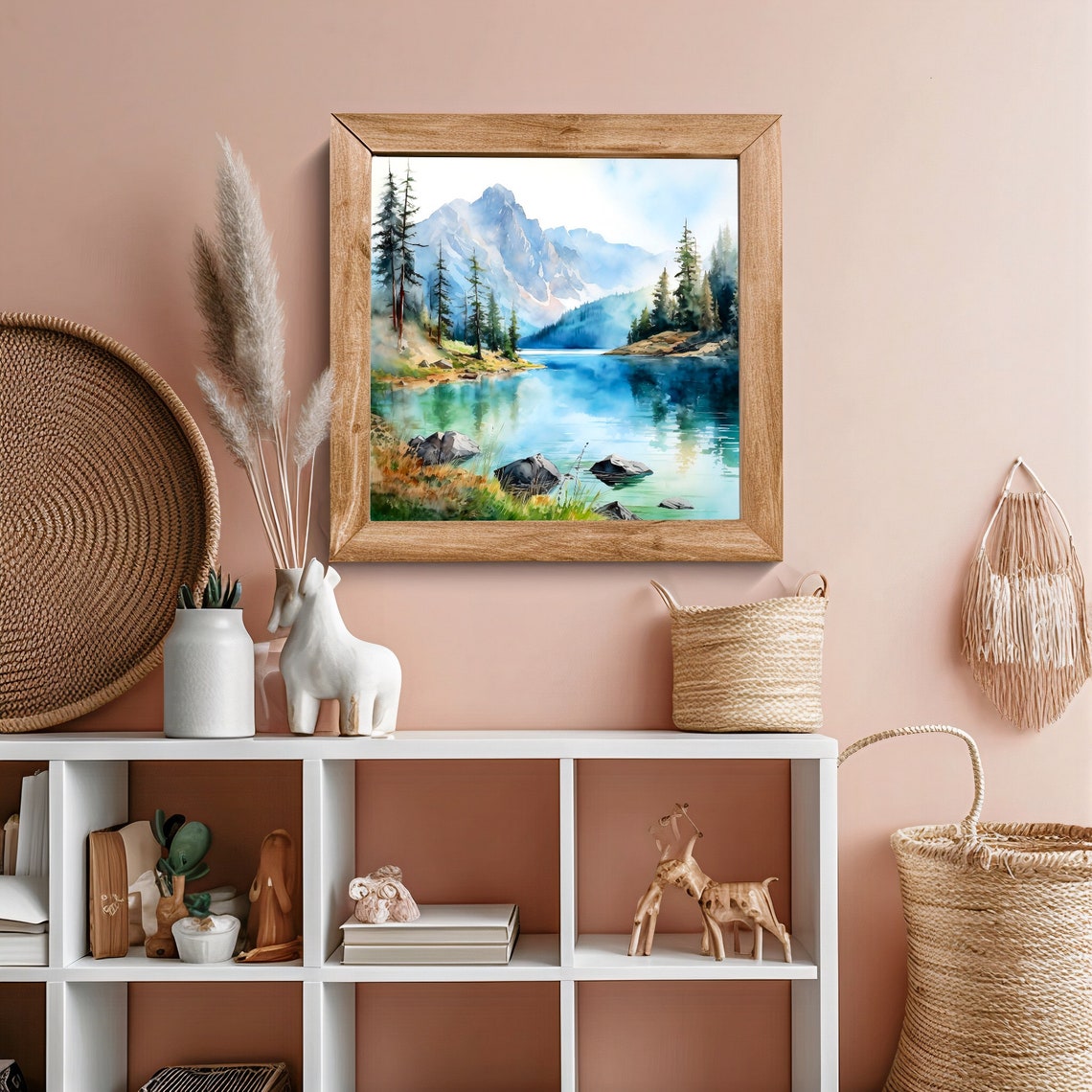 Turquoise Alpine Lake Snowy Peak Pine Shores Watercolor Wall Art - Image 3