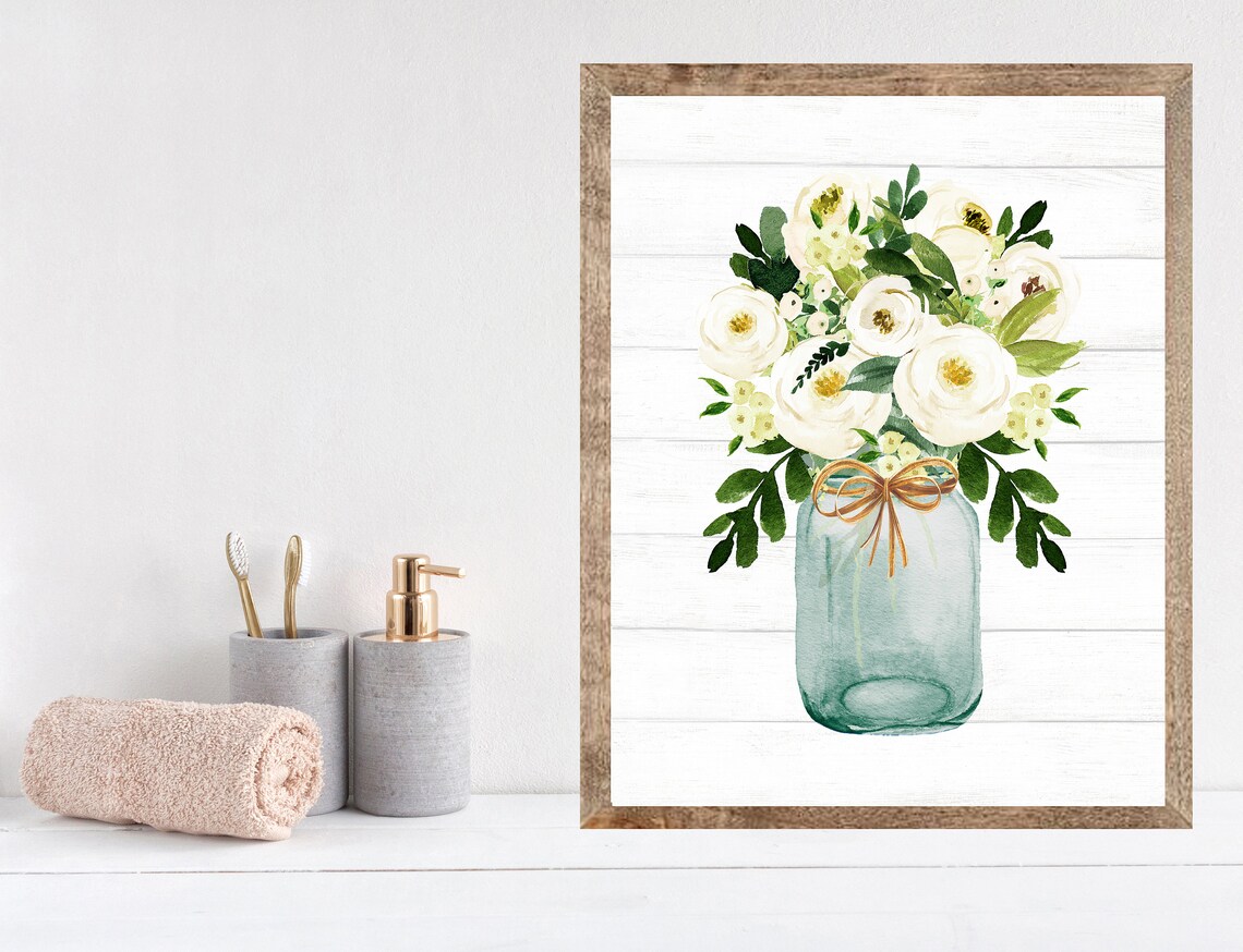 White Floral Bouquet in a Mason Jar Rustic Farmhouse Wall Poster