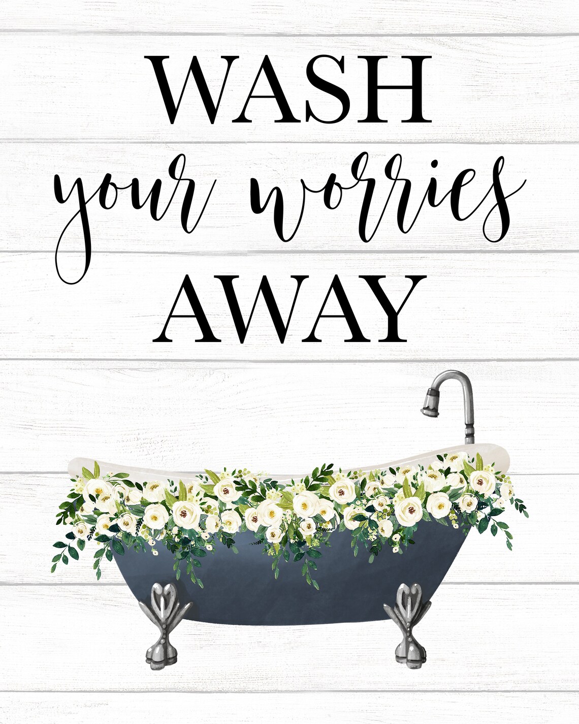 Wash Your Worries Away Navy Blue Clawfoot Tub Quote Bath Poster - Image 2