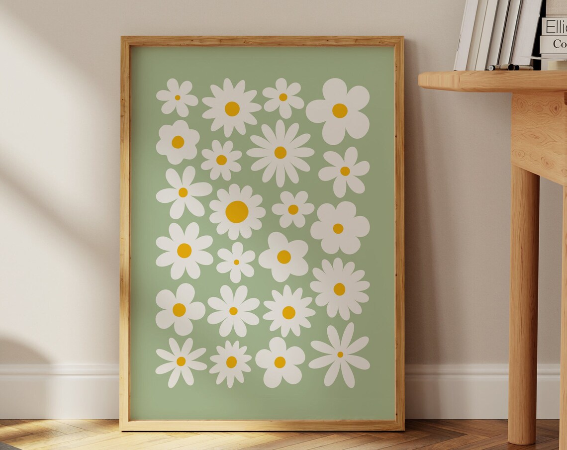 Retro Sage Green Daisy Art Print, Floral Wall Decor