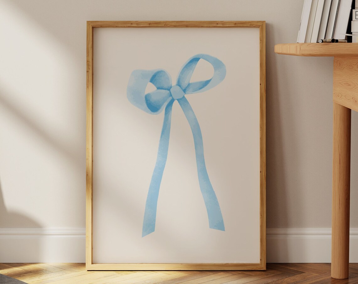 Light Blue Watercolor Bow Coquette Balletcore Girls Room Wall Art