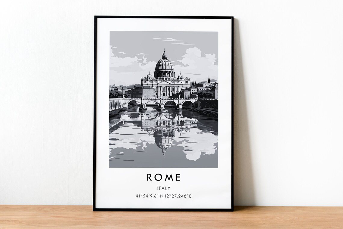 Rome St Peters Basilica Tiber River Black White Travel Poster