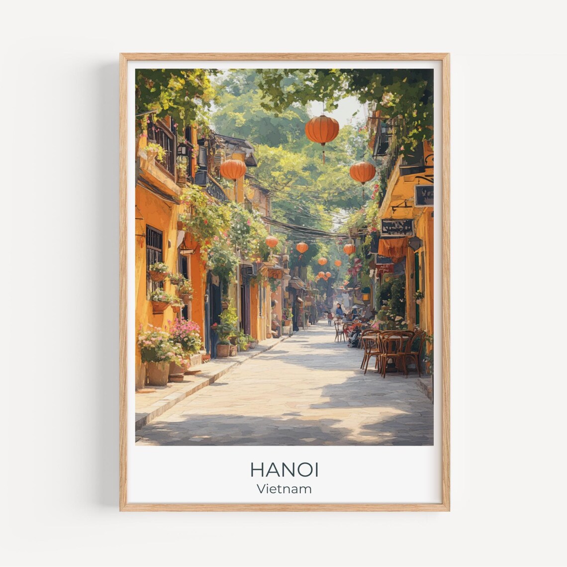 Hanoi Vietnam Old Quarter Poster Lanterns Yellow Street Watercolor